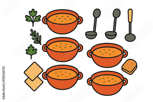 Warm soup bowls, serving ladles, bread slices, and green garnish elements set
