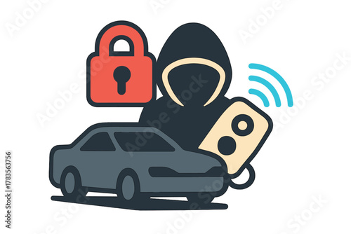 Hooded figure hacking car security system using remote device and signal relay attack