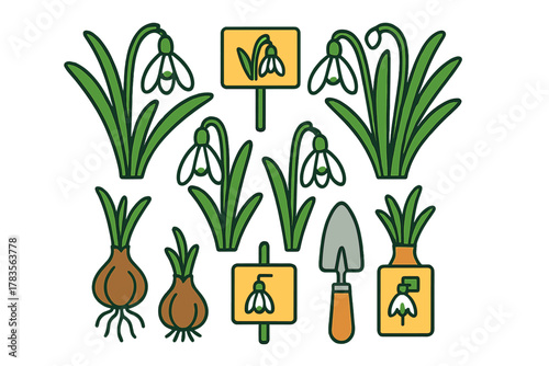 Snowdrop flowers, planting bulbs, garden signs, and shovel tool for spring gardening