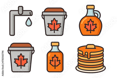 Maple syrup production process with sap tap, collection buckets, syrup bottles, and pancakes