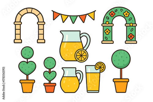 Garden party elements collection featuring decorative arches, topiary plants, and lemonade pitchers