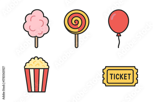 Colorful set of classic entertainment items: cotton candy, lollipop, popcorn, balloon, and admission ticket