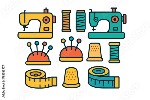 Colorful sewing machines, thread spools, pin cushions, thimbles, and measuring tape set