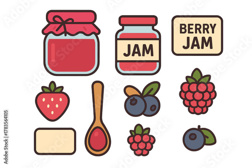 Colorful collection of berry jam jars, fresh strawberries, raspberries, and wooden spoon