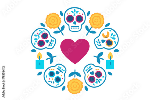 Day of the Dead sugar skulls, marigold flowers, candles, and heart arranged in a circular decorative pattern