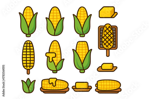 Set of fresh and grilled corn on the cob with melting butter and separate butter pieces