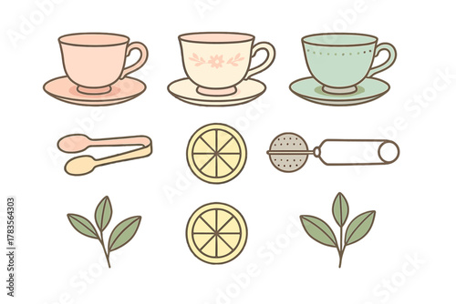 Vintage pastel teacups, saucers, lemon slices, tea infuser, and sugar tongs set