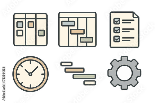 Business planning and project management symbols showing task boards, schedule charts, clock, and settings