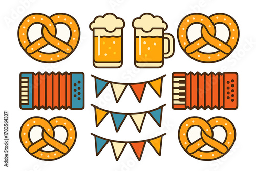 Traditional German festival elements including pretzels, beer mugs, and accordions