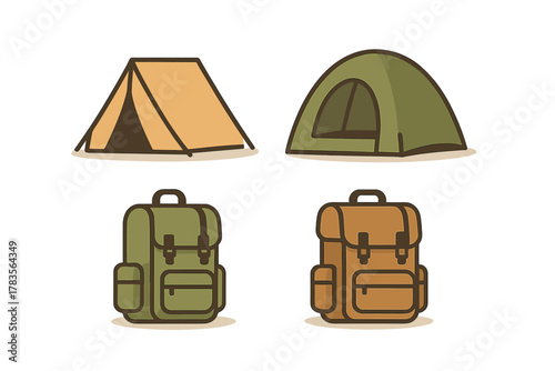 Set of camping and hiking equipment featuring classic A-frame tent, dome tent, and two travel backpacks