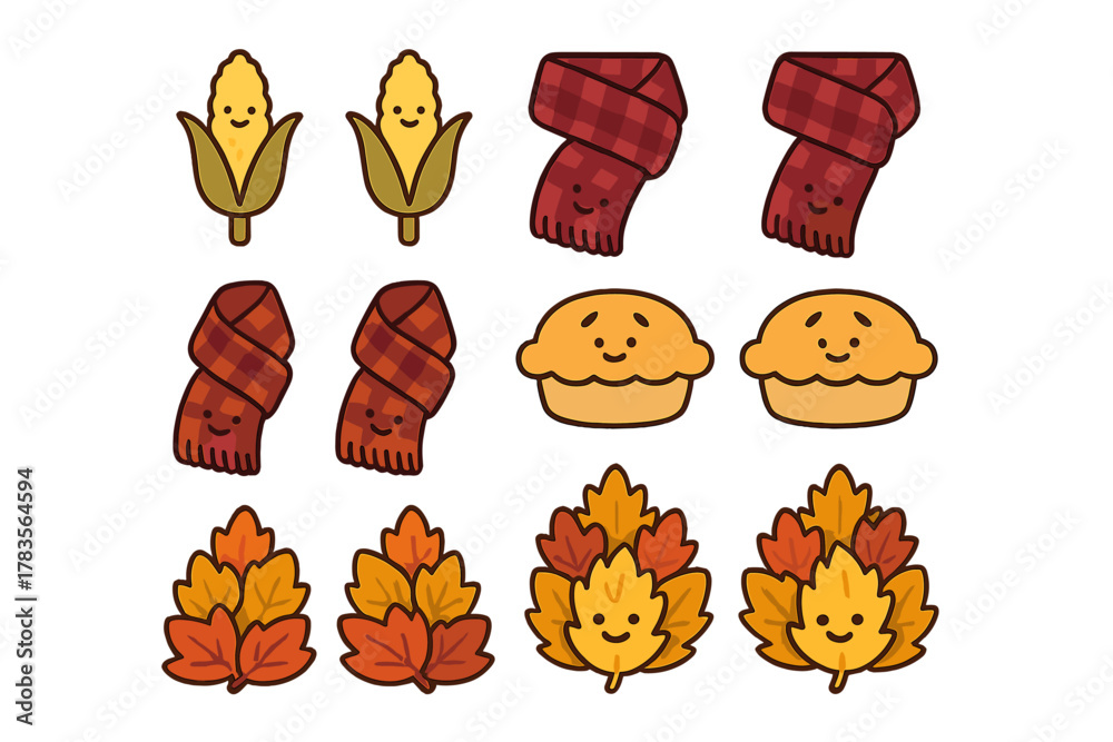 Fototapeta premium Cute autumn harvest set with smiling corn, plaid scarves, pumpkin pie, and fall leaves