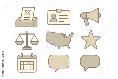 Nine monochromatic icons representing democracy, government, and civic participation
