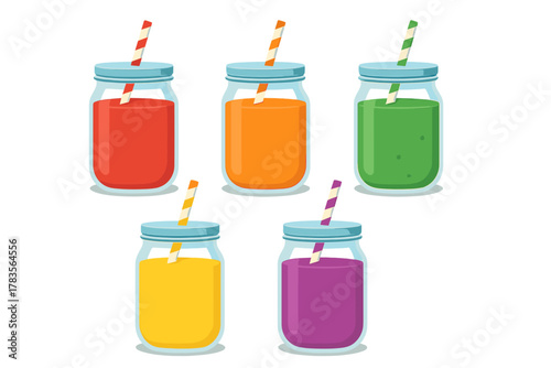 Five vibrant healthy detox smoothies in mason jars with lids and striped straws