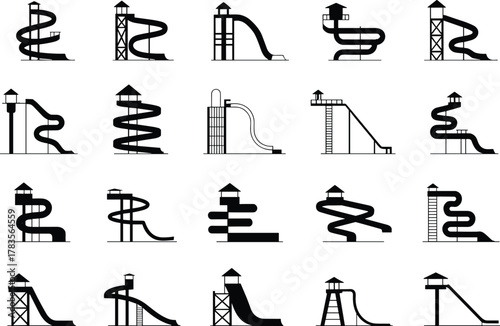 Water slide silhouette icons, black and white design, spiral and straight slides, tower structures, amusement park elements, enclosed tubes, ladder access, fun ride