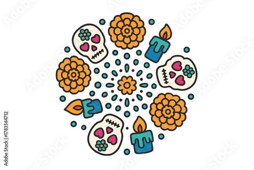 Colorful circular arrangement of traditional Mexican Day of the Dead elements: sugar skulls, marigold flowers, candles
