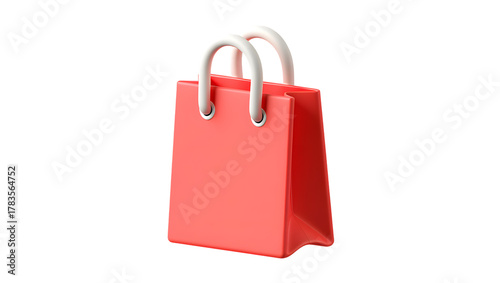 A vibrant red shopping bag with white handles, isolated on a clean transparent background, symbolizing commerce, retail, and consumerism