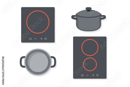 Set of modern kitchen appliances with portable induction cooktops and cooking pots