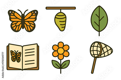 Nature and entomology symbols showing butterfly, chrysalis, leaf, flower, and net