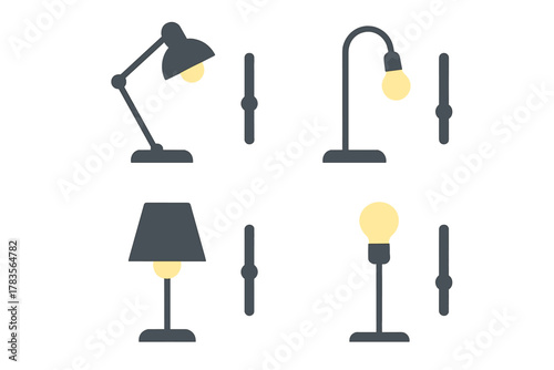 Minimalist icons of interior lighting elements including table lamps and dimmer controls