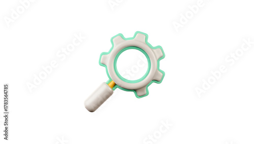 A stylized 3d icon resembling a magnifying glass integrated with a gear, isolated on a transparent background, representing search, analysis, and technical solutions
