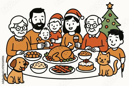 Happy diverse family and pets enjoying a festive christmas dinner together