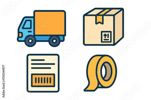 Colorful icon set showing shipping, logistics, delivery truck, package, document, and packing tape