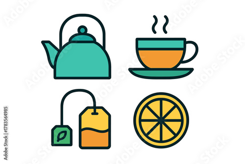 Teapot, steaming cup, tea bag, and lemon slice for hot beverage preparation