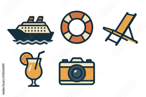 Summer vacation items including cruise ship, lifebuoy, deck chair, cocktail, and camera