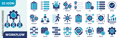 Workflow Icon Set Collection. Consist Of Order, Checklist, Systems, Function, Tracking, Task, Step, Process. Simple Flat Vector Illustration.