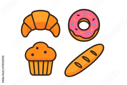 Sweet and savory breakfast pastries including croissant, donut, muffin, and baguette