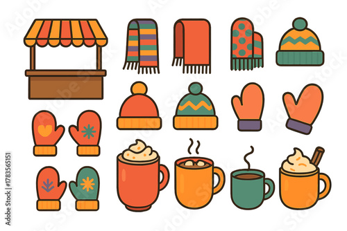Warm winter clothing accessories and hot beverages collection for cold weather