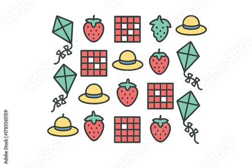 Seamless pattern of summer picnic icons including kites strawberries and sun hats