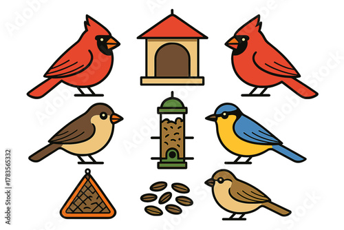 Colorful wild birds cardinal and titmouse feeding at various types of bird feeders