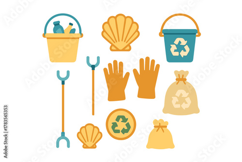 Essential tools and equipment collection for beach cleanup and environmental recycling