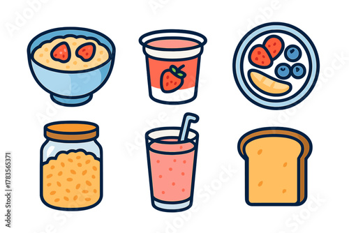 Colorful icons of healthy breakfast foods including cereal, fruit, jam, and smoothie