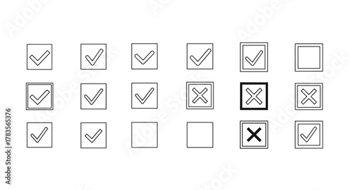 Set of simple checkmark and cross icons within boxes, featuring varied line widths and a highlighted option, presented in a clean, flat vector style on a white background, ideal for representing