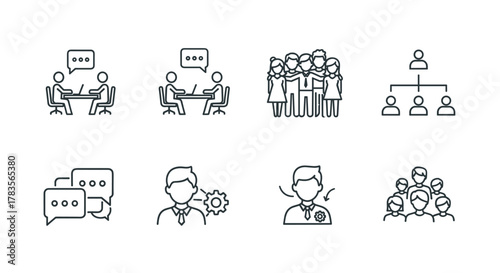 Set of business people icons including meeting, team, structure, communication, members, and groups, presented as a clean, ordered line icon set on a white background, perfect for corporate