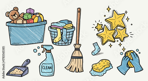 Charming Hand-Drawn Doodle Set of Kids' Cleaning Icons: Toy bins overflowing with stuffed animals and blocks, laundry baskets filled with socks and clothes, a classic broom, a spray bottle labeled