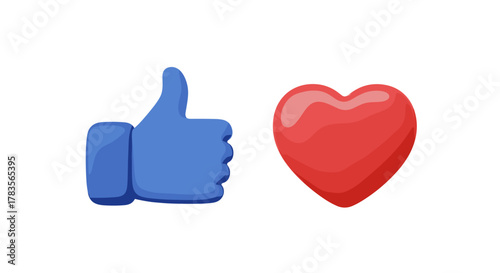 Vivid 3D social media thumb up like icon and red heart love shape icon, vector cartoon illustration with a clean white background, representing approval, affection, and positive engagement in digital