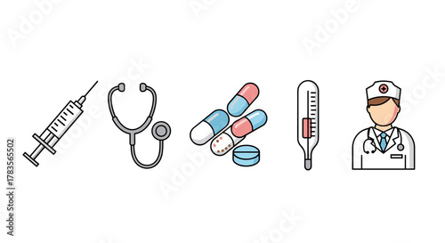 Collection of flat line icons representing medical tools and professionals, including a syringe, stethoscope, pills, thermometer, and a doctor, all rendered with thin lines for a clean, modern