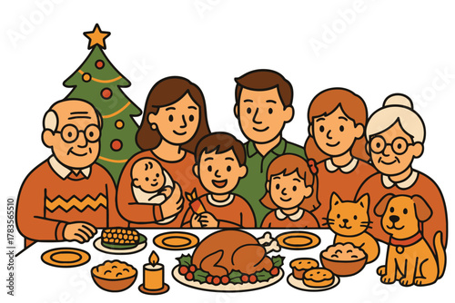 Happy diverse multi generational family celebrating christmas dinner together with festive food and decorations