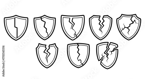 Collection of cracked shield outline symbols, representing broken protection, vulnerability, and failure. These vector cartoon illustrations are perfect for graphics, designs, books, adverts, and