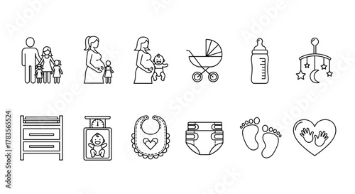 A collection of line icons representing family, baby, and parenthood, including a family silhouette, pregnant woman with baby, baby stroller, baby bottle, crib, baby scale, bib, diaper, footprints