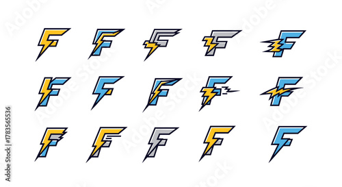 Set of 15 stylized letter F logos with lightning bolt elements, rendered in a modern, graphic style with yellow, blue, and gray color palettes, perfect for technology, energy, or sports branding