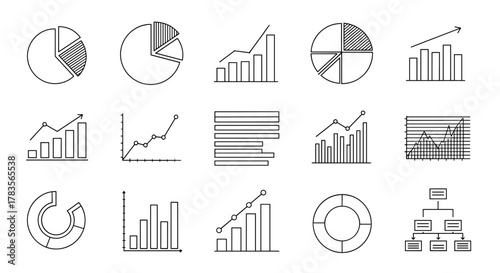 Collection of outline vector graphics illustrating various business and financial charts, including pie charts, bar graphs, line graphs, progress bars, and organizational flowcharts, perfect for