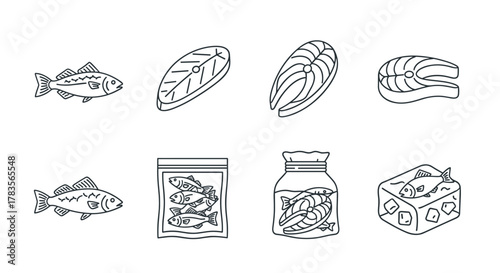 Collection of line icons representing frozen fish and fish products, including whole fish, steaks, packaged fish, preserved fish in a jar, and fish on ice, perfect for graphic design, web, apps, and