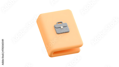 A 3d icon of a closed folder or binder in a soft orange color, with a small gray briefcase icon on top, isolated on transparent background