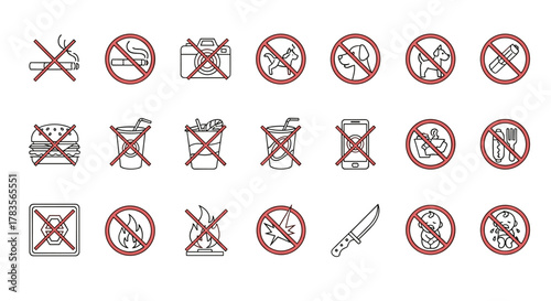 Collection of forbidden items outline signs, including no smoking, no photography, no dogs, no food, no drinks, no phones, no hot liquids, no cutlery, no explosives, no knives, no babies, and no open