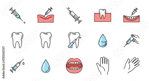 Set of simple, thin line icons representing dental procedures and health concepts, including gingival injections, syringes, water drops, healthy teeth, and open mouths, perfect for web, apps, and