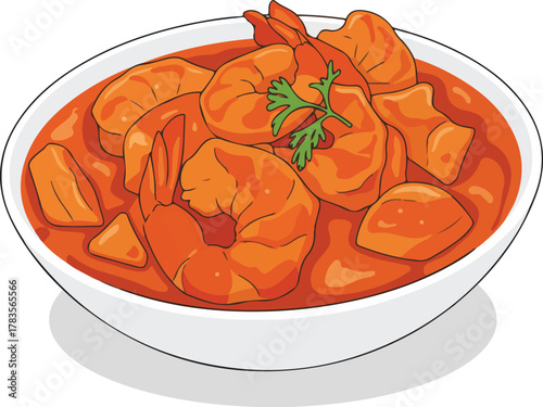 Indian Prawn Curry with tomato gravy vector cartoon illustration